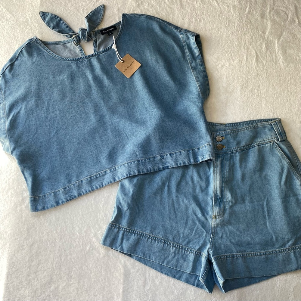 Chambray 2 Piece Set Top & High Waist Shorts Blue Large Lyocell summer coastal